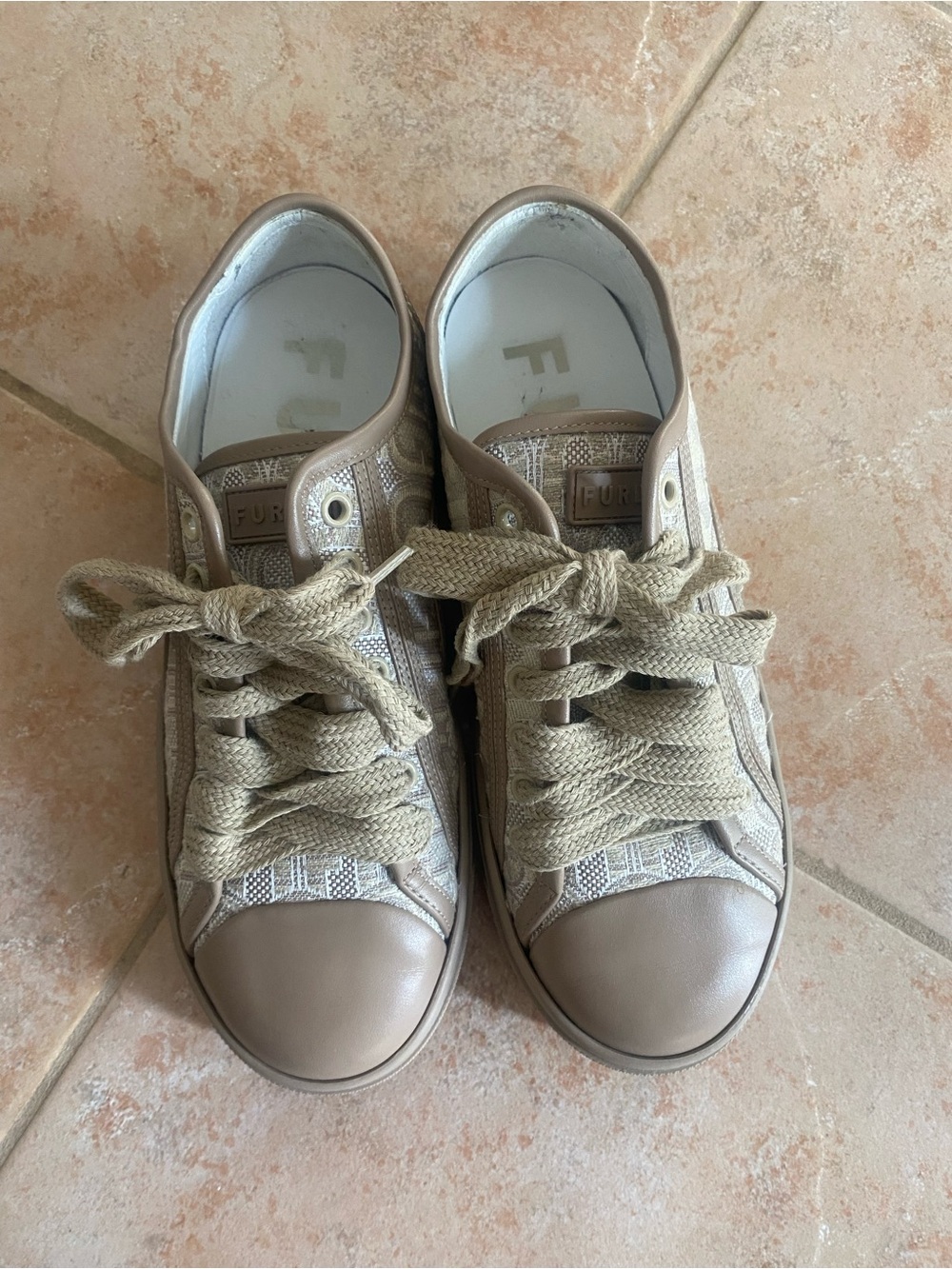 Furla Taupe & Beige Leather-Trim Low Top Sneakers
